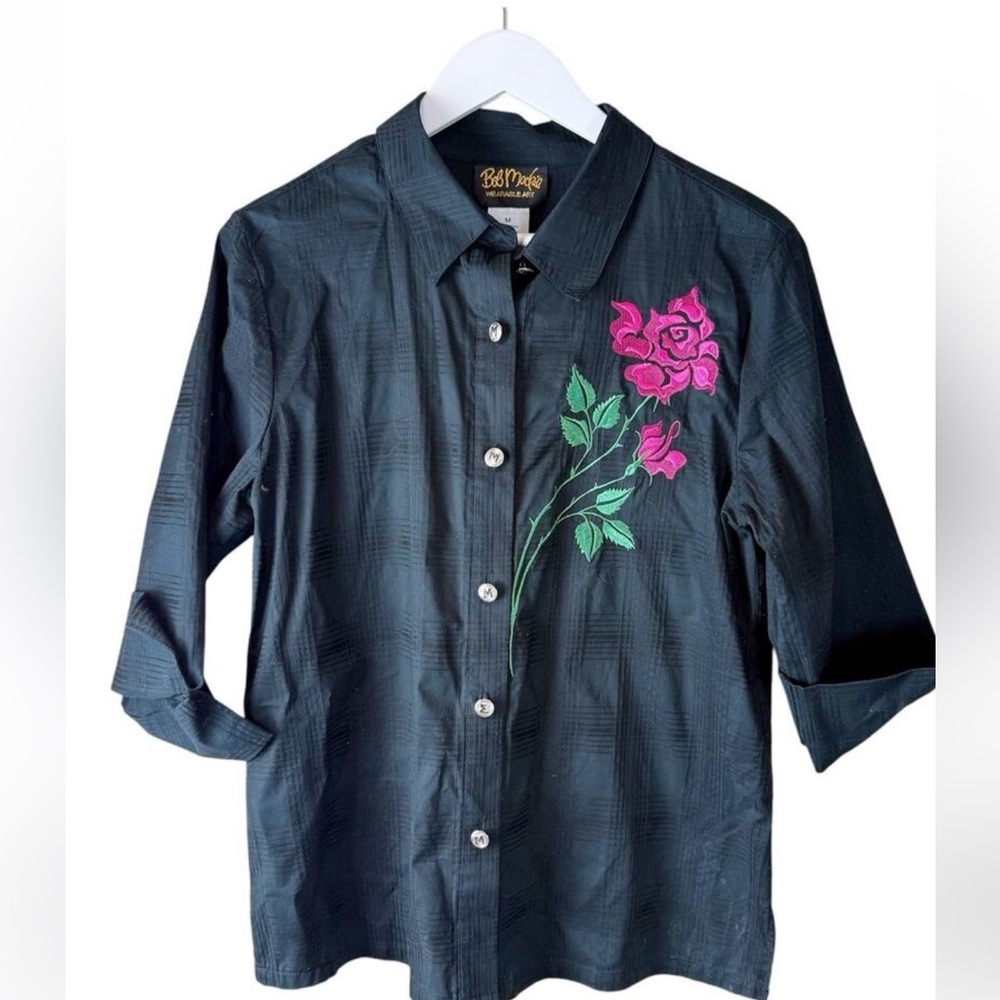 Bob Mackie Wearable Art Button Shirt Black Size Medium Embroidered Roses